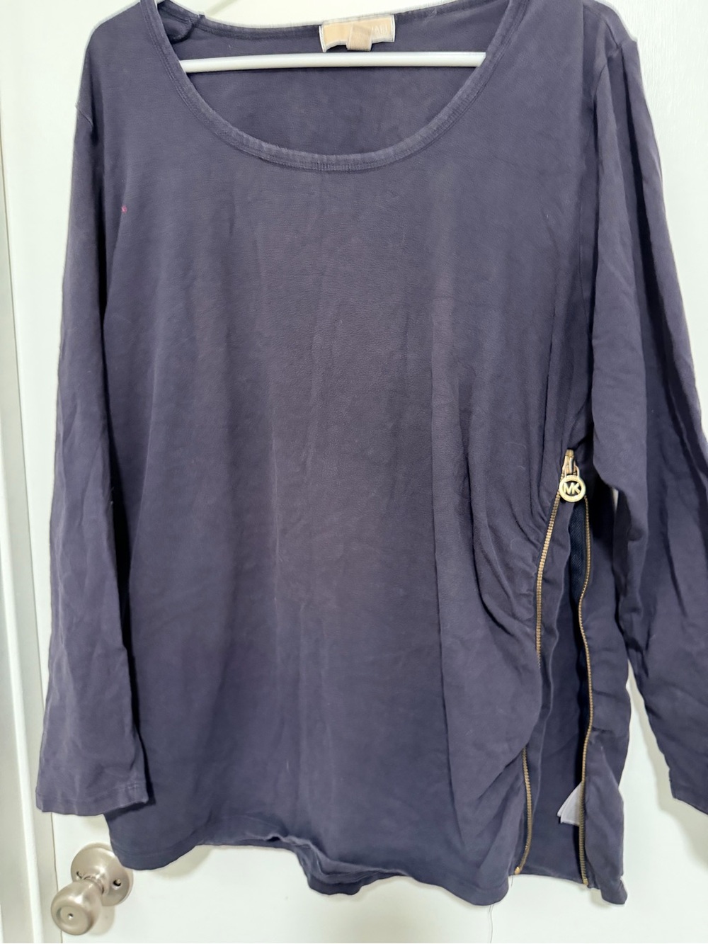 Michael Kors Navy Long Sleeve Top with Gold Zipper Accent